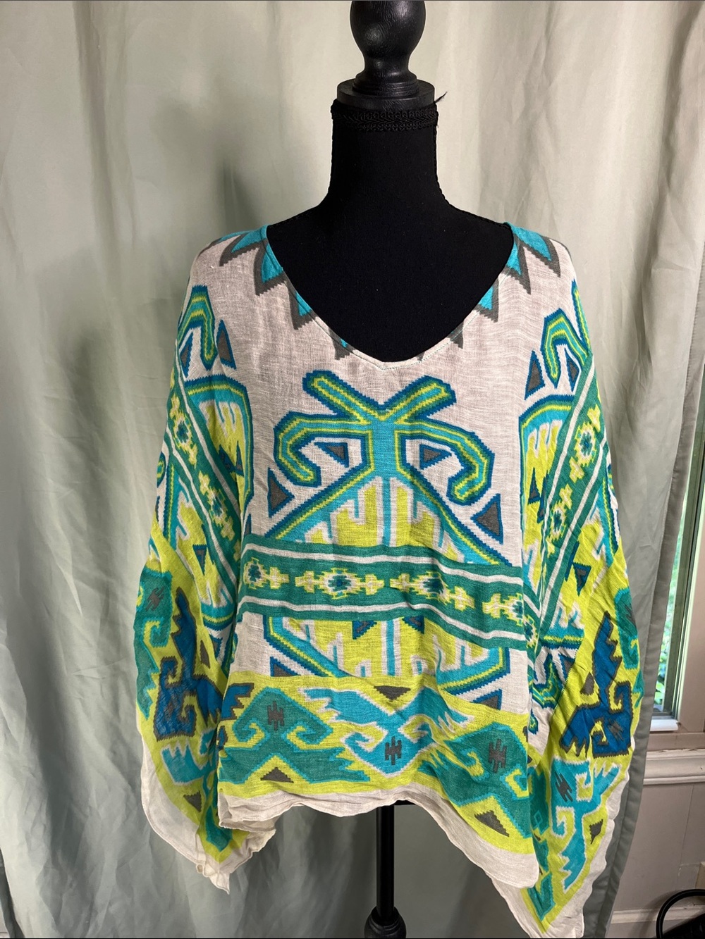 Theodora & Callum Teal, Lime & Cream V-Neck Poncho Linen Blend Top